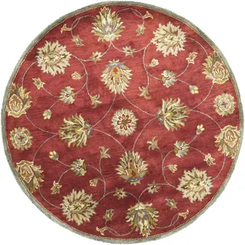 5' Red Wool Floral Hand Tufted Round Rug