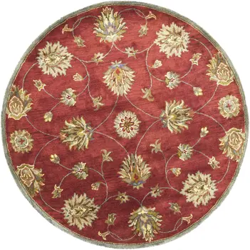 5' Red Wool Floral Hand Tufted Round Rug