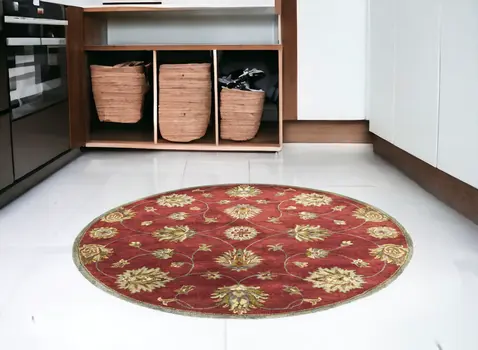 5' Red Wool Floral Hand Tufted Round Rug