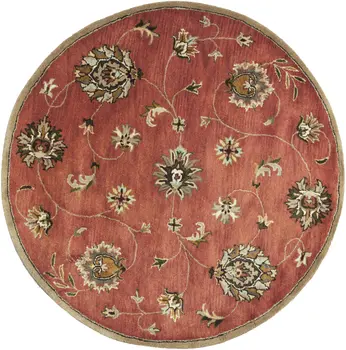 6' Sienna Gold And Green New Zealand Lambs Wool Floral Hand Tufted Round Rug
