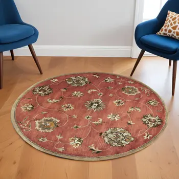 6' Sienna Gold And Green New Zealand Lambs Wool Floral Hand Tufted Round Rug