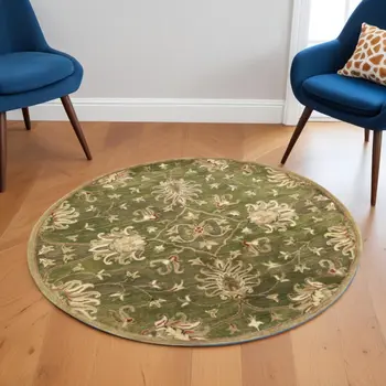 5' Emerald And Beige New Zealand Lambs Wool Floral Hand Tufted Round Rug