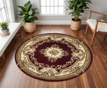7' Red and Ivory Floral Border Round Rug