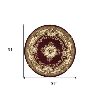 7' Red and Ivory Floral Border Round Rug