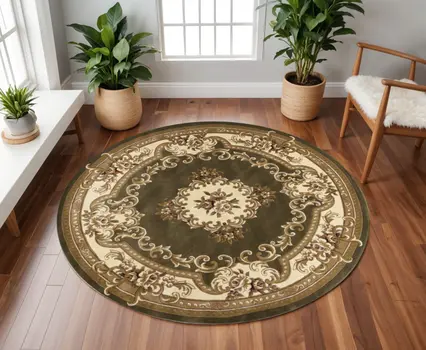 7' Green And Ivory Floral Medallion Round Rug