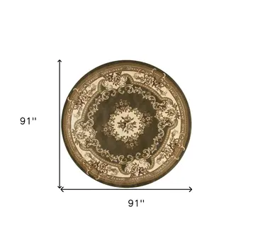 7' Green And Ivory Floral Medallion Round Rug