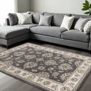 8' X 10' Gray And Ivory Floral Medallion Area Rug