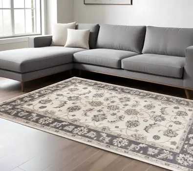 8' X 10' Ivory And Gray Floral Area Rug