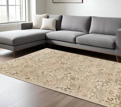 8' X 11' Ivory And Brown Floral Area Rug