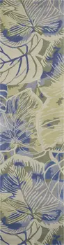 10' Blue And Green Wool Botanical Leaves Hand Tufted Runner Rug