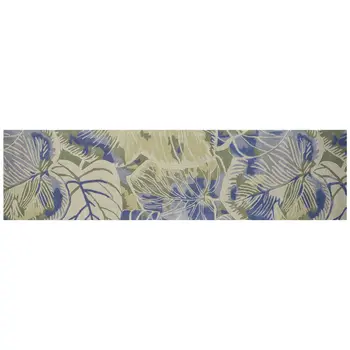 10' Blue And Green Wool Botanical Leaves Hand Tufted Runner Rug