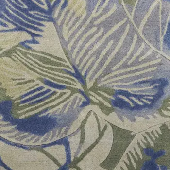 10' Blue And Green Wool Botanical Leaves Hand Tufted Runner Rug