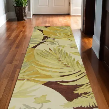 10' Coral Ivory Hand Tufted Tropical Plants Indoor Runner Rug