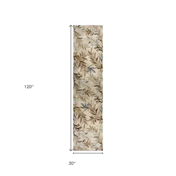 10' Ivory Brown And Blue Wool Botanical Leaves Hand Tufted Area Rug