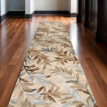 10' Ivory Brown And Blue Wool Botanical Leaves Hand Tufted Area Rug