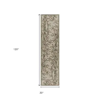 2' X 10' Ivory Bamboo Leaves Wool Indoor Runner Rug