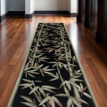 10' Black Hand Tufted Bordered Tropical Bamboo Indoor Runner Rug