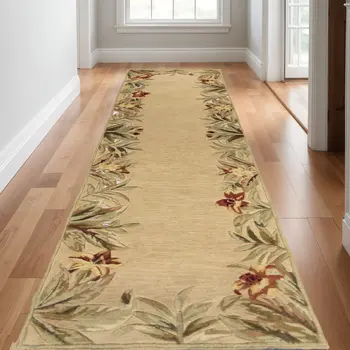 10' Beige Red And Green Wool Tropical Floral Hand Tufted Runner Rug