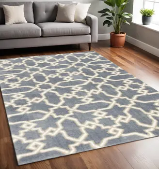 5' X 8' Slate Blue And Ivory Geometric Area Rug