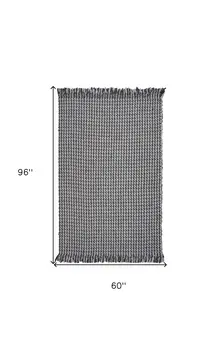 5' X 8' Dark Gray And Light Gray Wool Houndstooth Hand Woven Area Rug With Fringe
