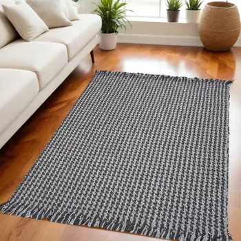 5' X 8' Dark Gray And Light Gray Wool Houndstooth Hand Woven Area Rug With Fringe