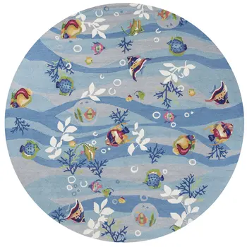 8' Blue Green And Red Fish and Coral Hand Hooked Round Rug