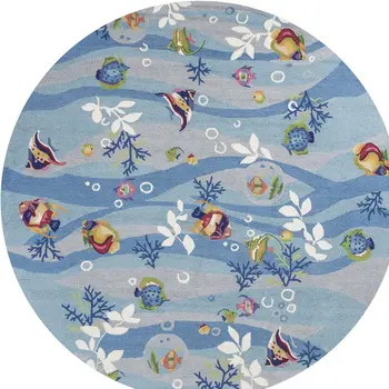 8' Blue Green And Red Fish and Coral Hand Hooked Round Rug