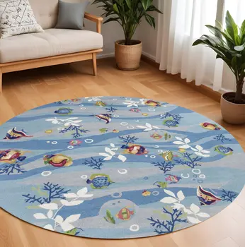 8' Blue Green And Red Fish and Coral Hand Hooked Round Rug