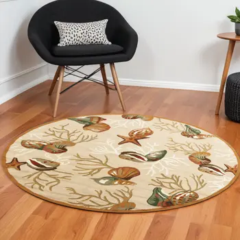 7' Beige Green And Red Fish and Coral Hand Hooked Round Rug
