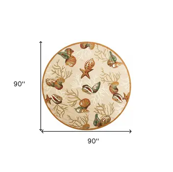 7' Beige Green And Red Fish and Coral Hand Hooked Round Rug
