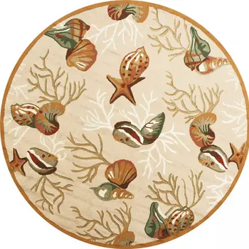 7' Beige Green And Red Fish and Coral Hand Hooked Round Rug