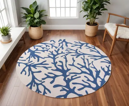 7' Ivory And Blue Coral Hand Hooked Round Rug