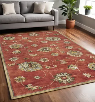 5' X 8' Red Gold And Green New Zealand Lambs Wool Floral Vines Hand Tufted Area Rug
