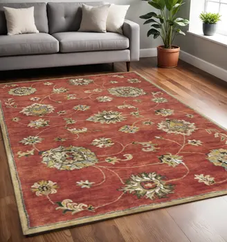 5' X 8' Sienna Gold And Green New Zealand Lambs Wool Floral Vines Hand Tufted Area Rug