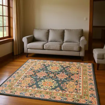 7' X 9' Brick Red Green And Brown Jute Southwestern Handmade Area Rug