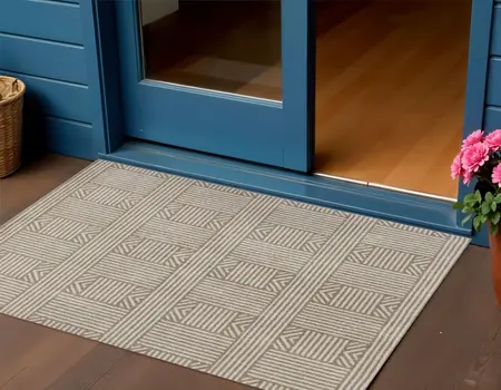 2' X 3' Beige and Ivory Geometric Indoor Outdoor Area Rug