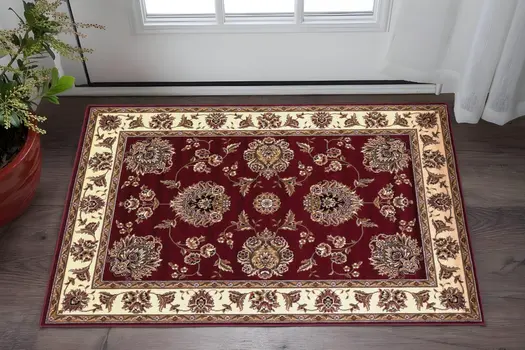 2' X 3' Red Ivory Machine Woven Floral Traditional Indoor Accent Rug