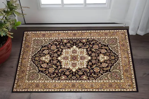 2' X 3' Beige And Black Floral Medallion Area Rug