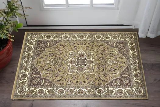 2' X 3' Beige And Ivory Floral Medallion Area Rug