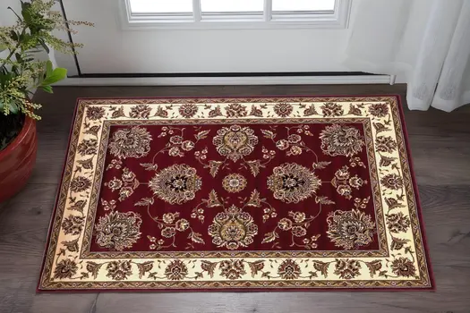 2' X 3' Red And Ivory Floral Area Rug