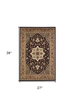 2' X 3' Black And Beige Floral Medallion Area Rug