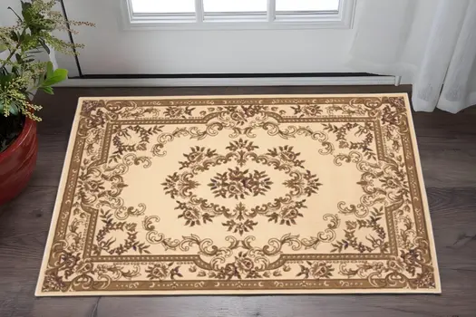 2' X 3' Ivory And Beige Floral Medallion Area Rug