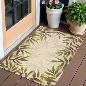 2' X 3' Beige Floral Handmade Indoor Outdoor Area Rug