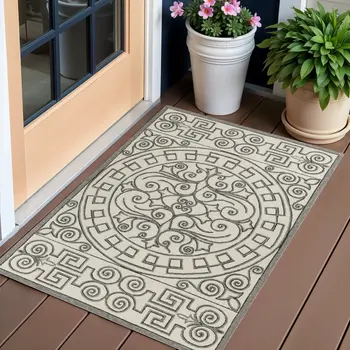 2' X 3' Gray And Ivory Damask Indoor Outdoor Area Rug