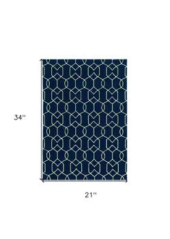 2' X 3' Navy Blue Geometric Hand Hooked Area Rug
