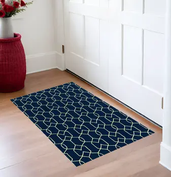 2' X 3' Navy Blue Geometric Hand Hooked Area Rug