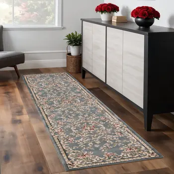 8' Slate Blue And Red Floral Runner Rug