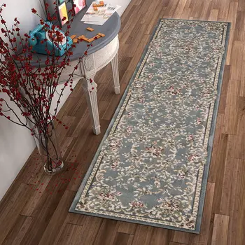 8' Slate Blue And Red Floral Runner Rug
