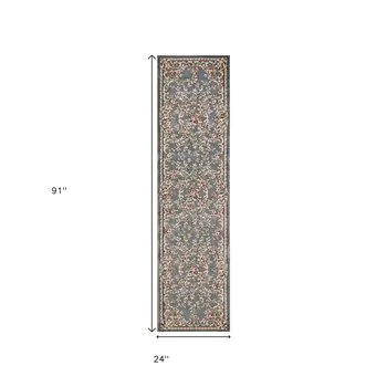 8' Slate Blue And Red Floral Runner Rug
