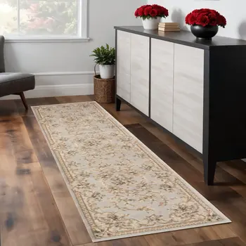8' Light Gray And Tan Floral Runner Rug